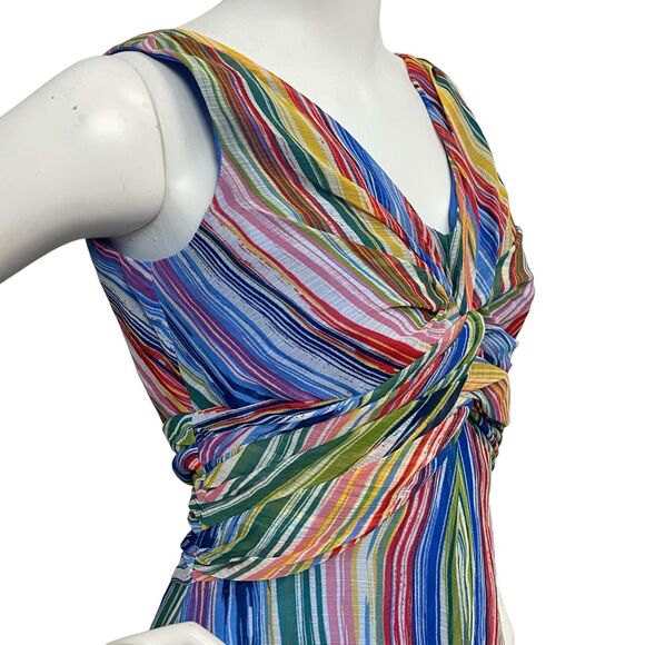 Maggy Boutique Sz 4 Waterfall Stripe Twist Front Midi Flare Dress Summer Rainbow - Picture 6 of 11